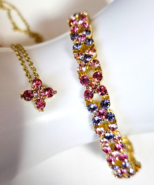 Vintage Joan Rivers Goldtone Blue &amp; Pink Crystal Bracelet W/Pink Pendant... - $103.01 CAD