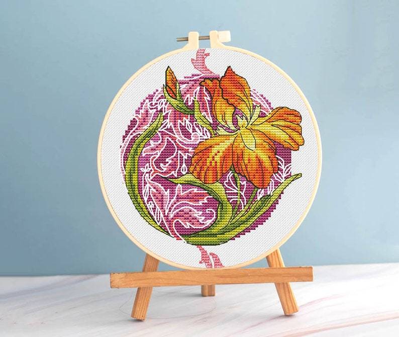 Iris cross stitch botanical pattern pdf - Red flower cross stitch irises  - $7.99