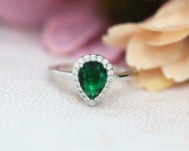 Lab Created Green Emerald 1.50CT Pear Cut Engagement Ring 14K White Gold Plated - £83.90 GBP