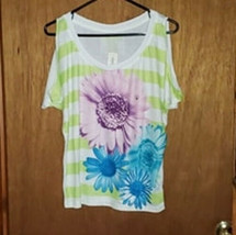 Aeropostale Lime Green &amp; White Striped / Flower Cold Shoulder Top - £10.30 GBP