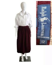 Vintage Ralph Lauren Burgundy Corduroy A Line Midi Equestrian Skirt W24&quot; - $67.32