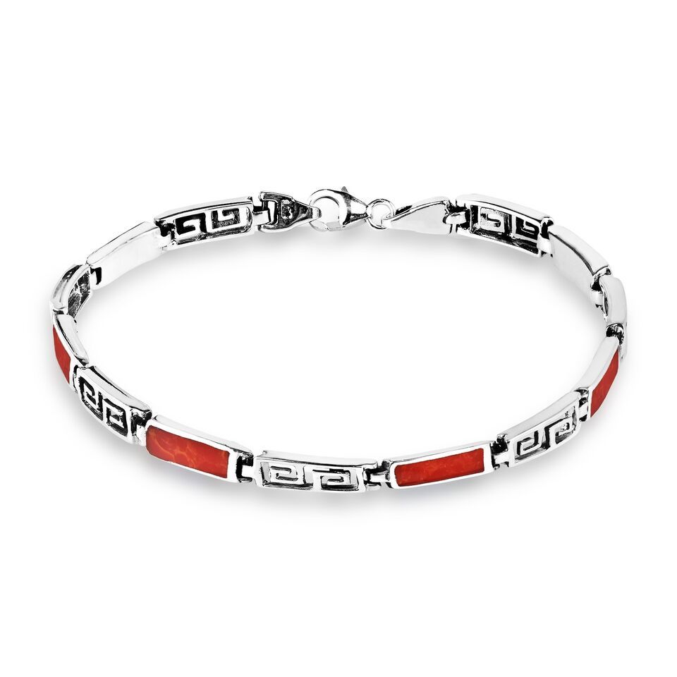 Greek Key Labyrinth Synthetic Red Coral Inlay Sterling Silver Bracelet - £37.89 GBP