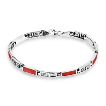 Greek Key Labyrinth Synthetic Red Coral Inlay Sterling Silver Bracelet - £37.97 GBP