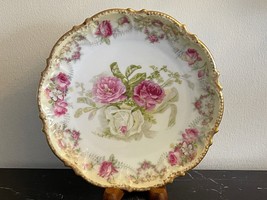 Antique Limoges Porcelain Pink and White Roses Plate with Gold Gilt Edge - $296.01