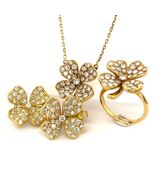 18K Yellow Gold Clover Jewelry Suite Ring, Earrings, Necklace 2.55 ctw - $100,147.12 MXN
