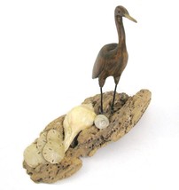 Fossil Drift Wood Carved Crane Heron Bird Figurine Sea Shell Signed Folk Art vtg - £30.99 GBP