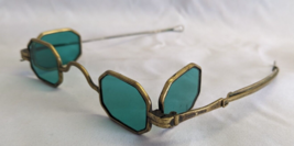 Antique Pair 1800s Schildknecht Sunglasses 4 Teal Colored Glass Lenses ~ Brass - £179.82 GBP