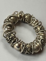 Chunky Smooth &amp; Floral Incised Silvertone Round Bead Stretch Bracelet - will fit - £10.09 GBP