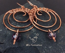 Handmade copper earrings: Large wire wrapped triple spiral w/ Czech glass dangle - £33.57 GBP