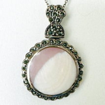 CFJ Sterling Silver Necklace Mother of Pearl Illusion Pendant Marcasite Accents - £28.08 GBP