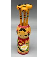 Vtg Japanese Kokeshi Doll Toothpick Holder Set Appetizer Pick Hair Pin - $16.53