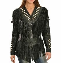 Women&#39;s Western Black Leather Fringe Jacket With Bones &amp; Studs WJ115 - $149.00