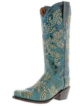Turquoise Genuine Cowhide Leather Cowboy Boots Embroidery Rodeo Dress Point Toe - £86.32 GBP