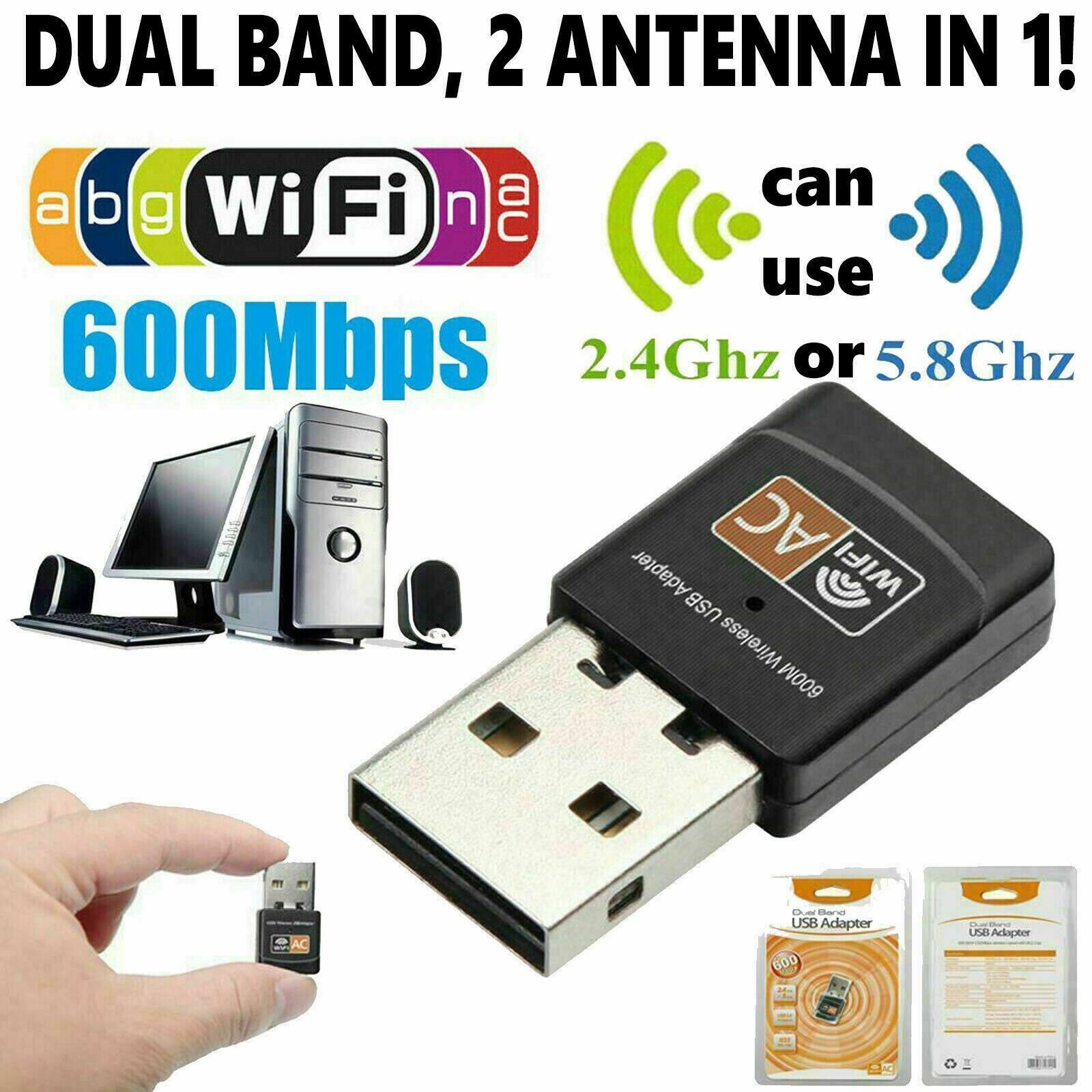 Mini Dual Band 600Mbps USB WiFi Wireless Adapter Network Card 2.4G/5GHz ... - $5.13