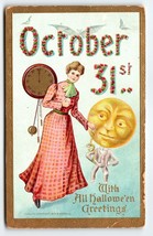 Halloween Postcard 1909 Dressed Goblin Moon Head Anthropomorphic 2097 Gottschalk - £62.29 GBP