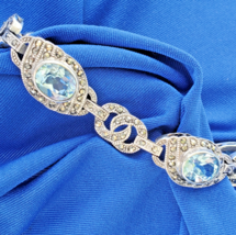 DESIGNER SIGNED 925 STERLING SILVER Aqua BLUE TOPAZ Marcasite Bracelet C... - $470.25