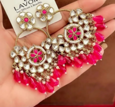 Bollywood Style Gold Plated Indian Kundan Long Earrings Ruby Pink Jewelry Set - £22.40 GBP