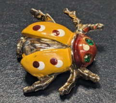 Gold Tone &amp; Yellow Lady Bug Beetle Pin Enamel and Rhinestone Eyes - $11.87