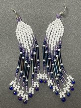 Glass Seed Bead Fringe Earrings White &amp; Purples Fringe Seed Bead Earrings - £31.64 GBP