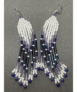 Glass Seed Bead Fringe Earrings White &amp; Purples Fringe Seed Bead Earrings - £31.60 GBP