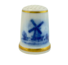 Thimble Sewing Windmill  Porcelain White Blue Gold - £10.37 GBP