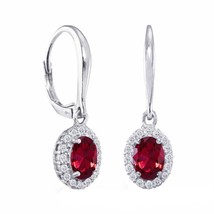 14K White Gold Plated Simulated Red Ruby &amp; Diamond Oval Dangle Halo Earrings - £51.54 GBP
