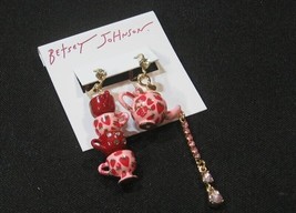 NEW Betsey Johnson Womens Tea Party Mismatched Earrings Pink Red Teacup Teapot - £40.19 GBP