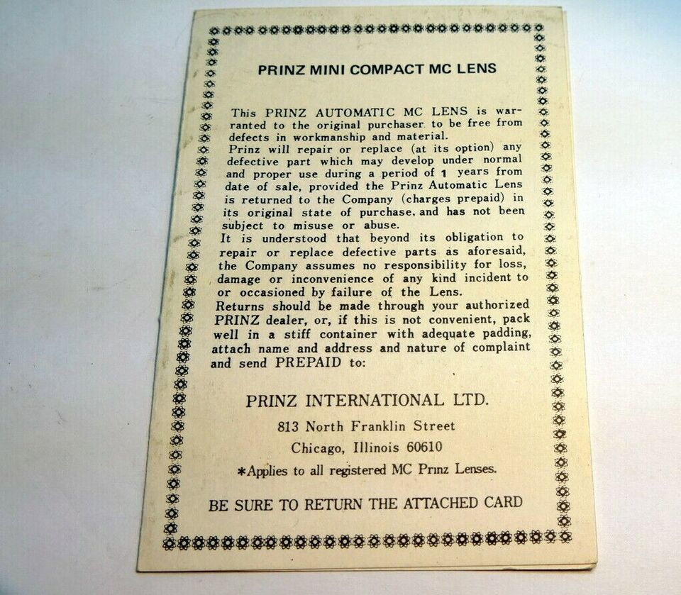 Prinz Registration Card vintage 1980&#39;s - $6.33