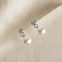 Pearl And Dimond Earrings Solid Silver Hallmarked Wedding Created Rhodium Plated - £12.63 GBP