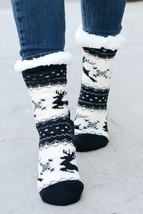 Black Reindeer Sherpa Traction Bottom Slipper Socks - $11.99