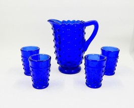 Child&#39;s Cobalt Blue Hobnail Mini Water Pitcher With 4 Tumblers Glasses - £15.72 GBP