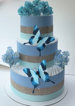 Blue And Gold Butterflies Themed Baby Shower Diaper Cake Centerpiece Gift - £59.95 GBP
