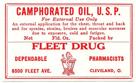 1 Antique Pharmacy Label CAMPHORATED OIL, U.S.P. Fleet Drug Cleveland Ohio - £18.13 GBP