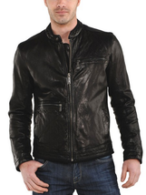 New Men&#39;s Genuine Lambskin Leather Jacket Black Slim Fit Motorcycle Jacket MJ042 - £93.92 GBP