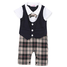 NWT Baby Boys Blue Bow Tie Vest Suit Short Sleeve Romper Outfit 4th of July - £6.73 GBP