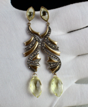 Natural Lemon Quartz Tear Drops Diamond 18K Gold 925 Silver Victorian Earring - £521.79 GBP