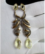 NATURAL LEMON QUARTZ TEAR DROPS DIAMOND 18K GOLD 925 SILVER VICTORIAN EA... - €562,25 EUR