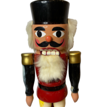 Vintage Wooden Nutcracker 13” Christmas Holiday Soldier Real Fur White Beard - £30.86 GBP
