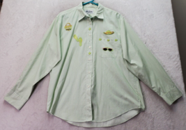 Get Lucky Shirt Womens Large Green Striped Summer Embroidered Collar Button Down - £20.67 GBP