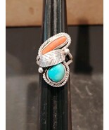 925 Sterling Silver Jessie Thompson Navajo Coral Turquoise Ring Sz 5.5  - $1,659.75 MXN