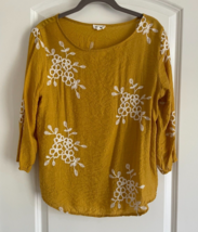 Anthropologie KINDRED Gold/Yellow Embroidered 3/4 Slv Peasant Boho Top SMALL - £9.59 GBP