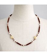 Vintage Beaded Necklace Choker Wood Cream Red Beads Boho Earth Tone 8 Inch - $16.20