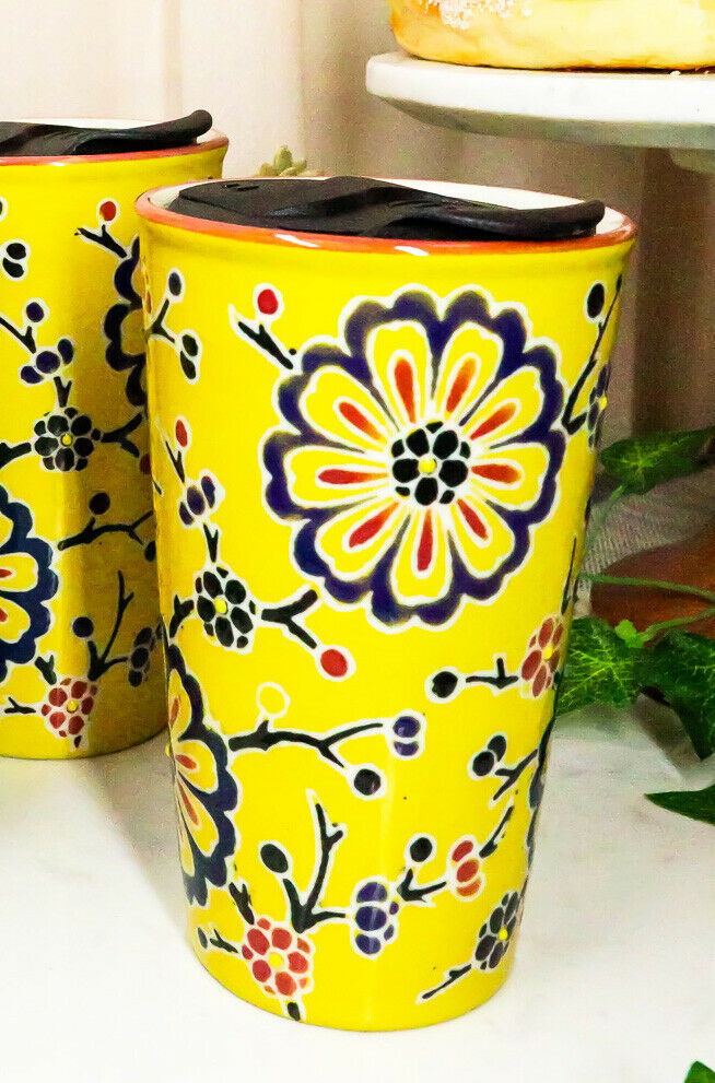 Yellow Floral Cherry Blossoms Ceramic Travel Mug Cup 14oz With Lid Hot Or Cold
