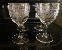 VTG CLEAR ETCHED SMALL PORT WINE GLASS SET 4 LAUREL PATTERN STEMWARE ART... - $41.76