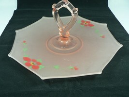 Vtg Depression Glass Sandwich Dessert Server Frosted Pink Hand Painted 8 sided - £35.74 GBP