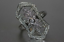 14K White Gold Diamond Filigree Art Deco Style Flower Design Anniversary Ring - £629.69 GBP