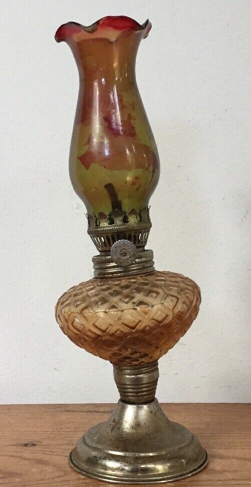 Vintage Antique Small Brass Amber Orange Glass Kerosene Lantern Oil Lamp... - $29.69