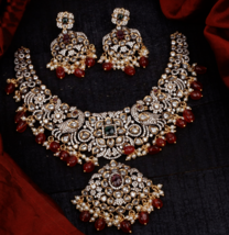 Indian Bollywood Style CZ Gold Plated Victorian Necklace Red Pearl Jewelry Set - £213.31 GBP