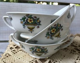 Vintage Lot of 3 White Floral Soup Bowls Cereal Rice? Double Handled Made In USA - £21.47 GBP
