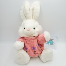 Vintage MTY International White Easter Bunny Rabbit Pink Sweater Flower Plush - $19.78